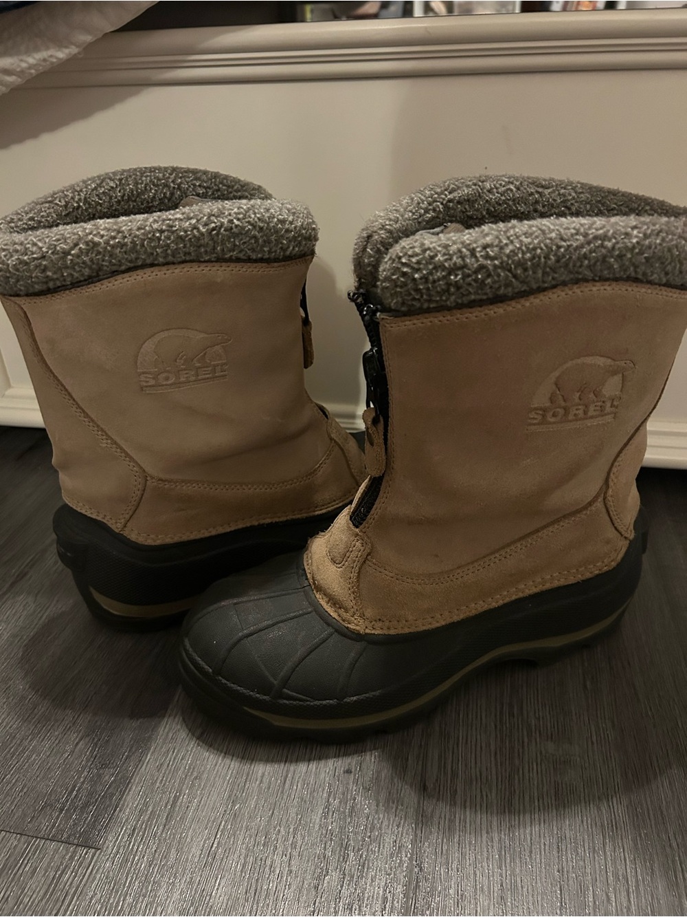 Sorel Tan and Black Insulated Winter Boots with Gray Fleece Cuff